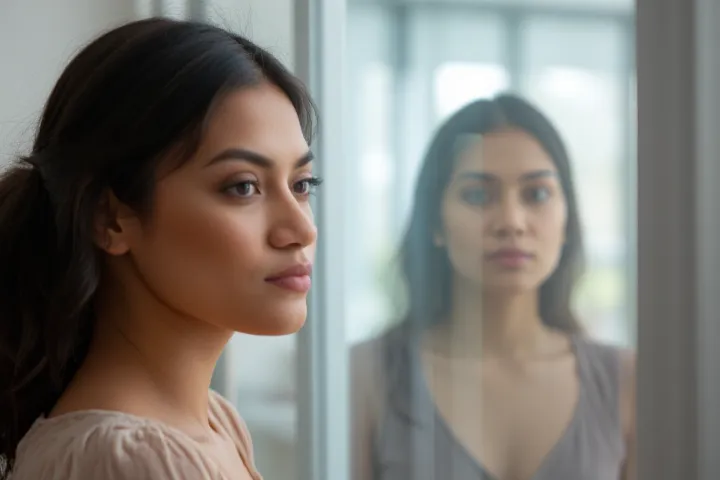 A Hispanic woman standing in front of a mirror, placing a hand on her chest and looking at herself with kindness and compassion.