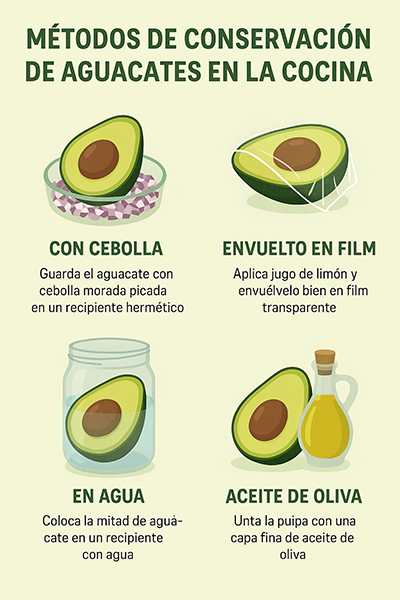 Infografía clara y visual sobre cómo conservar aguacates en la cocina usando métodos caseros: cebolla, film, agua y aceite. Ideal para evitar oxidación y prolongar su frescura.